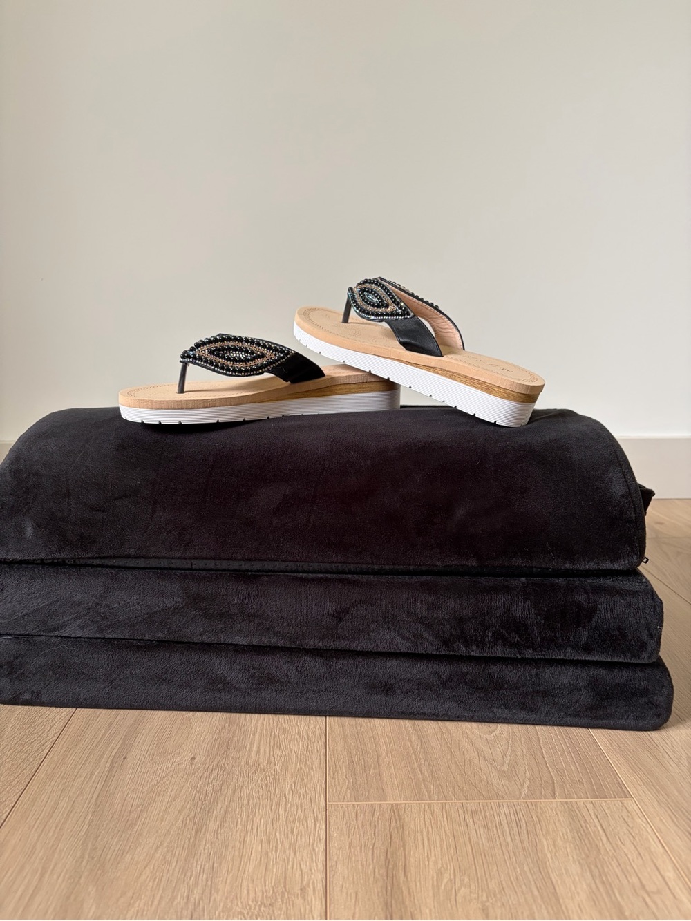 Women’s Black Beaded Platform Flip Flops